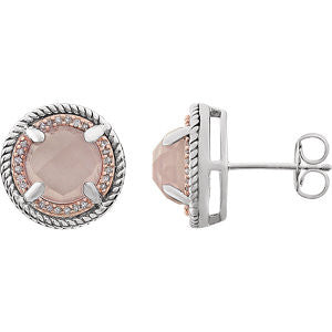 Sterling Silver Rose Gold Plated Rose Quartz & 1-8 CTW Diamond Earrings