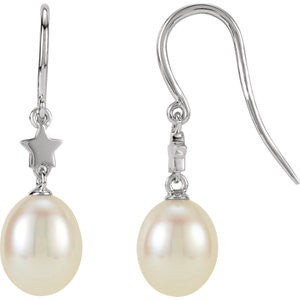 14K White Freshwater Cultured Pearl Star Dangle Earrings