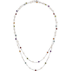 Sterling Silver Freshwater Cultured Pearl & Multi-Gemstone 18" Necklace