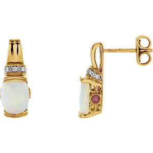 14K Yellow Genuine Opal, Pink Tourmaline & .05 CTW Diamond Earrings