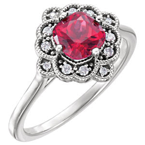 14K White Chatham® Created Ruby & 1/10 CTW Diamond Halo-Style Ring