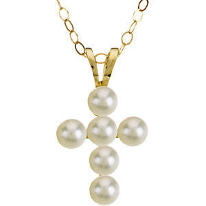 14K Yellow Youth Pearl Cross 15" Necklace