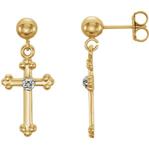 14K Yellow .01 CTW Diamond Cross Dangle Earrings