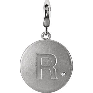 Sterling Silver Block Initial "R" Disc Charm with .005 CTW Diamond Accent