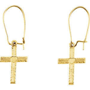 14K Yellow 13x10mm Heart Design Cross Earrings