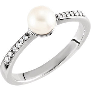 14K White 6mm Pearl & .08 CTW Diamond Ring