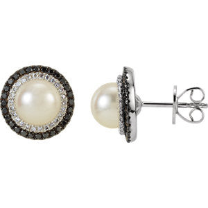 14K White Freshwater Cultured Pearl with 1-2 CTW Black & White Diamond Earrings