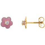 14K Yellow Youth Pink Enamel Flower & Cubic Zirconia Earrings