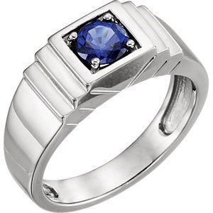 14K White Men's Chatham® Created Blue Sapphire Ring