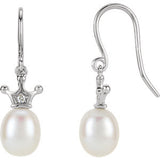 14K White .015 CTW Diamond and Freshwater Cultured Pearl Crown Dangle Earrings