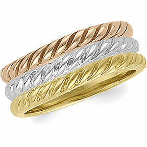 14K Yellow, White & Rose Rope Design Stackable Band - Set of 3