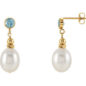 14K Yellow Freshwater Pearl & Swiss Blue Topaz Earrings