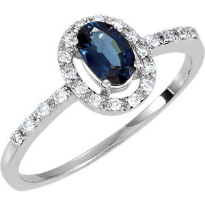 14K White 1-6 CTW Diamond & 6x4mm Blue Sapphire Ring