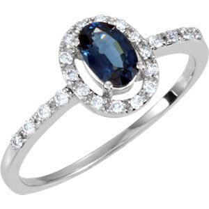 14K White 1-6 CTW Diamond & 6x4mm Blue Sapphire Ring