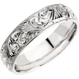 14K White 6mm Hand Engraved Band Size 6