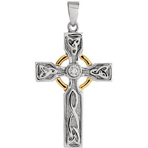 Sterling Silver-10K Yellow .01 CT Diamond Cross Pendant with Rhodium Plating