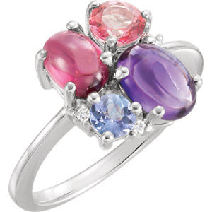 14K White Amethyst, Rhodolite Garnet, Pink Topaz, Tanzanite & .03 CTW Diamond Multi-Shape Cluster Ring