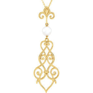 14K Yellow 6mm Pearl Fleur-De-Lis Scroll 18" Necklace