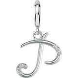 Sterling Silver .03 CTW Diamond 1mm Round Script Initial Charm Letter "P"