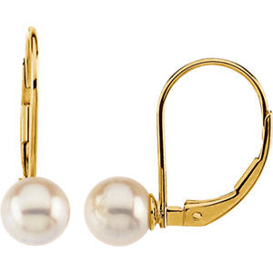 14K Yellow 6mm Round Akoya Cultured Pearl Lever Back Earrings