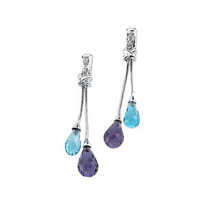 14K White Swiss Blue Topaz, Amethyst & .02 CTW Diamond Earrings