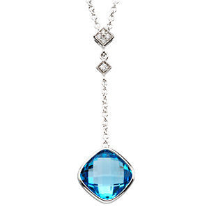 14K White Checkerboard Swiss Blue Topaz & .04 CTW Diamond Necklace