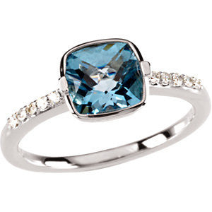 14K White Swiss Blue Topaz & 1-10 CTW Diamond Ring