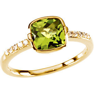 14K Yellow Checkerboard Peridot & 1-10 CTW Diamond Ring