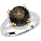 Sterling Silver & 14K Yellow Checkerboard Smoky Quartz Rope Design Ring