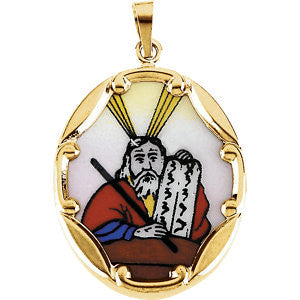 14K Yellow 13x10mm Moses Hand-Painted Porcelain Medal