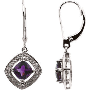 14K White .08 CT w Diamond & Amethyst Earrings