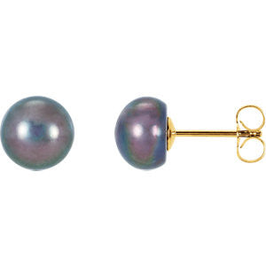 14K Yellow Freshwater Cultured Black Button Pearl Earrings