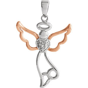 Sterling Silver 29x17.8mm Diamond Angel Pendant with Rose Gold Vermeil