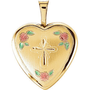 Sterling Silver 15.75mm Tri-Color Cross & Roses Locket