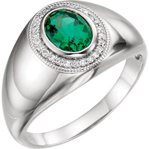 14K White Men's Chatham® Created Emerald & Diamond Accented Ring