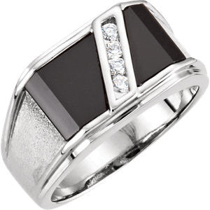 14K White Men's Onyx & 1/8 CTW Diamond Ring