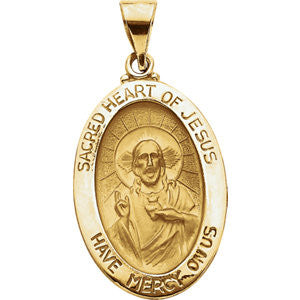 14K White 23.25x16mm Hollow Oval Sacred Heart of Jesus Medal