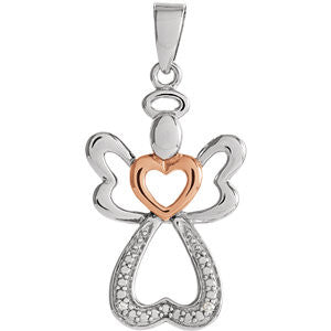 Sterling Silver 28x12.6mm Diamond Angel Pendant with Rose Gold Vermeil