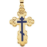 14K Yellow 19x13mm Orthodox Cross Pendant with Blue Enamel