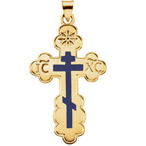 14K Yellow 19x13mm Orthodox Cross Pendant with Blue Enamel