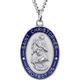 Sterling Silver 26x20mm St. Christopher Medal Necklace with Blue Epoxy