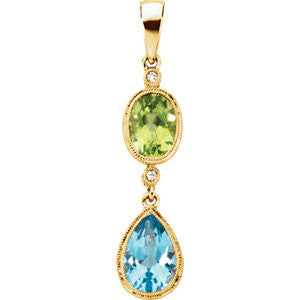 14K Yellow .02 CTW Genuine Peridot, Swiss Blue Topaz & Diamond Pendant