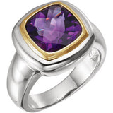 Sterling Silver & 14K Yellow Checkerboard Amethyst Ring