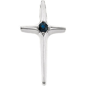 14K White Blue Sapphire Cross Pendant