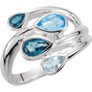 Sky Blue Topaz, London Blue Topaz & Swiss Blue Topaz Bypass Ring