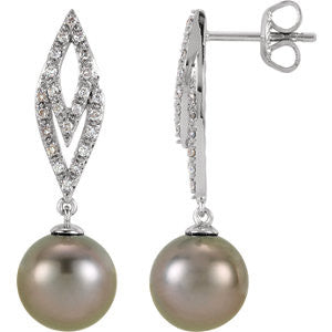 14K White 1-4 CTW Diamond and Tahitian Pearl Earrings