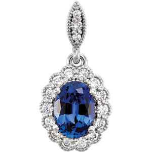 14K White Chatham® Created Blue Sapphire and 1/5 CTW Diamond Pendant