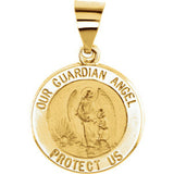 14K White 15mm Round Hollow Guardian Angel Medal