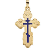 14K Yellow 19x13mm Orthodox Cross Pendant with Blue Enamel