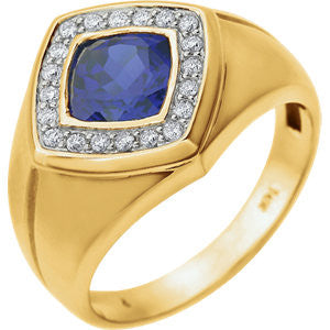 14K Yellow Men's Created Blue Sapphire & .025 CTW Diamond Ring